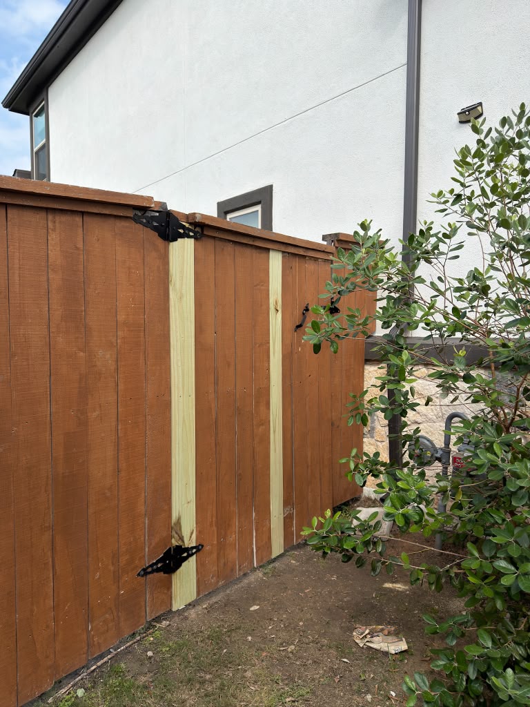Wood gate repair new hinges and post Cedar Park TX