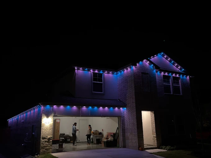 Govee permanent outdoor lights cool blue and violet roofline lighting Cedar Park TX
