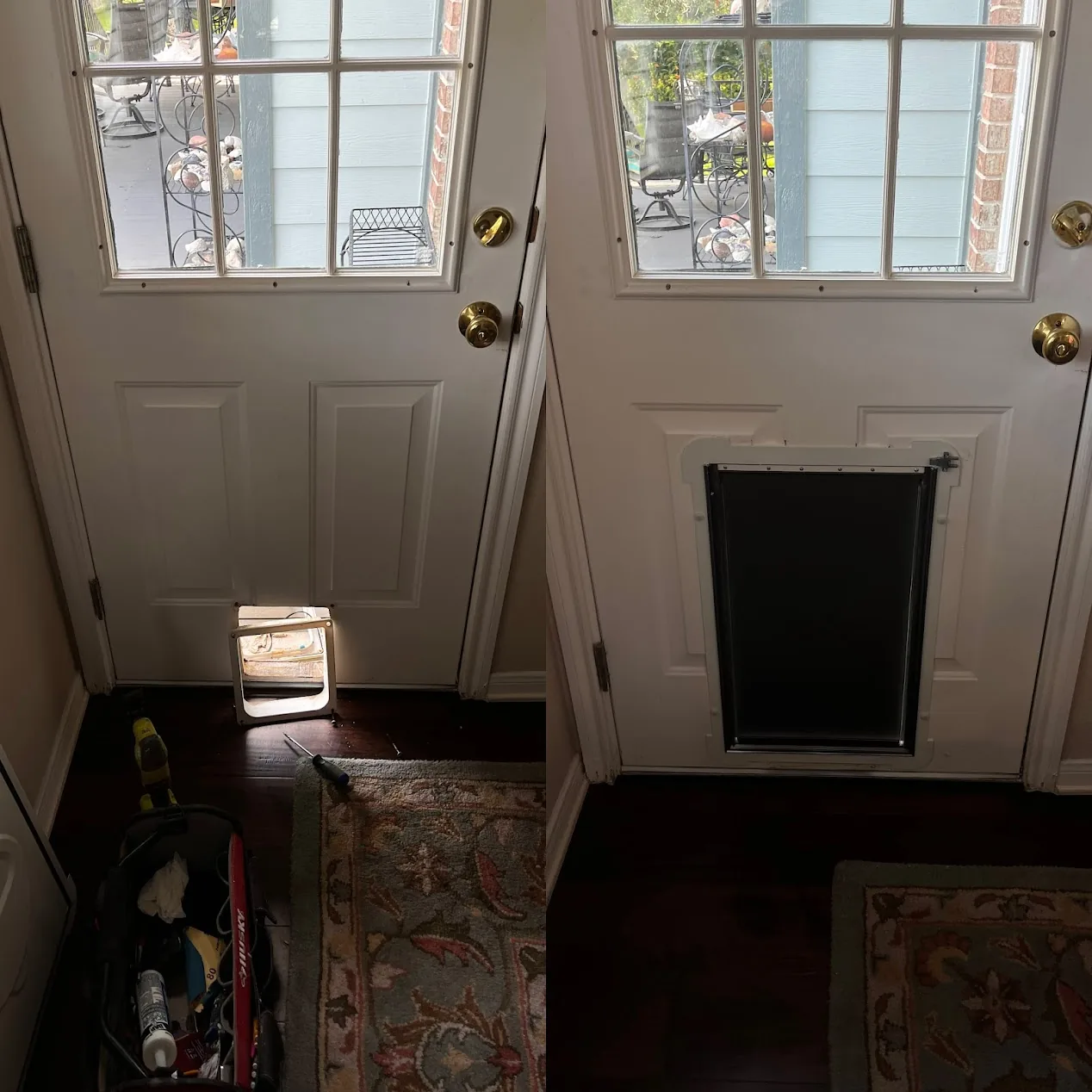 Pet door installation front door before and after Cedar Park TX