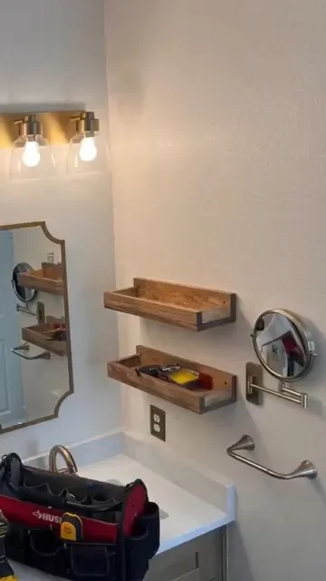 Custom bathroom floating wood shelves Cedar Park TX