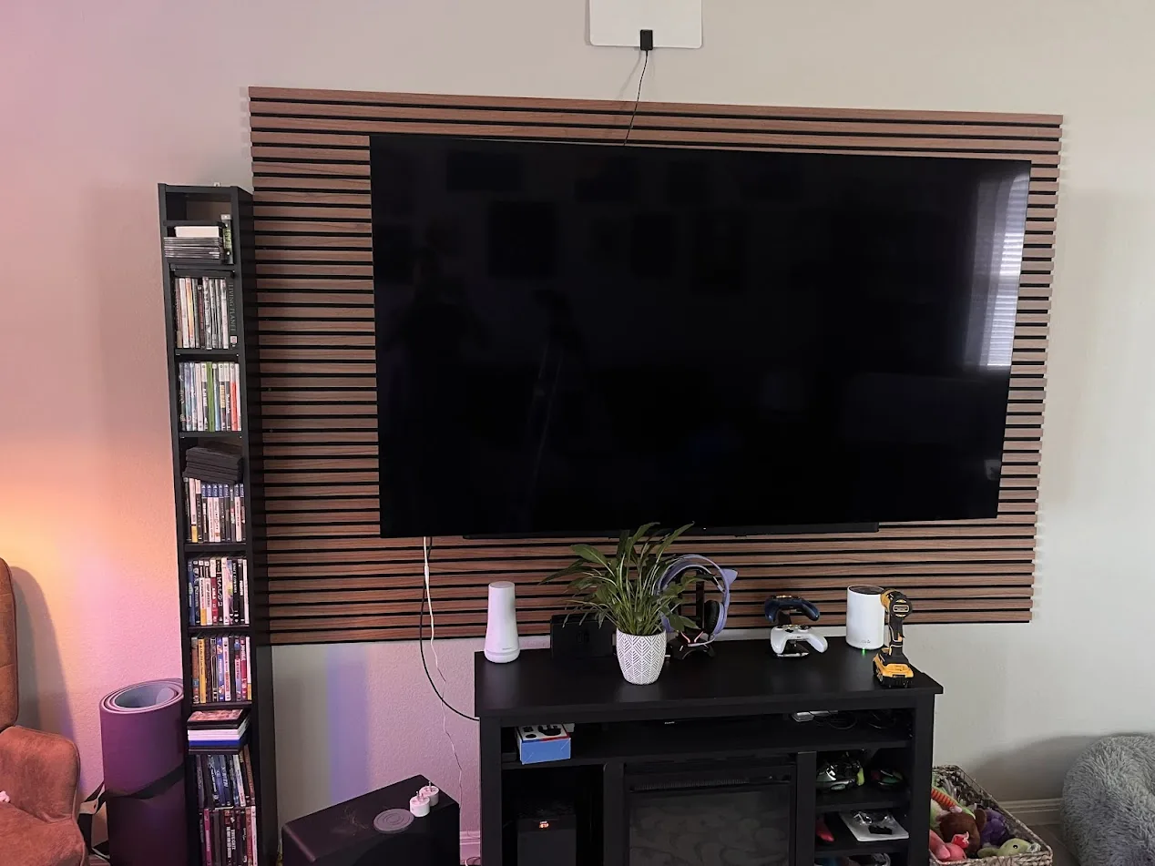 Wood slat panel TV mount living room Cedar Park TX